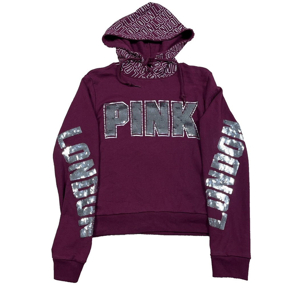 Victoria Secret PINK Hoodie Women Small Maroon London Sequin Spellout‎ VTG Y2K